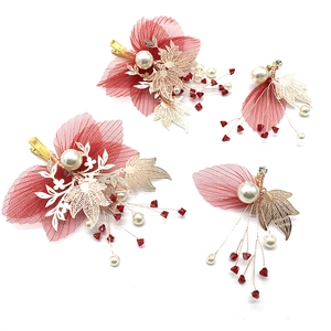 Red pleated mesh flower hair clips and earring set with golden leaves and pearls