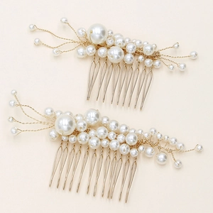 Handmade bridal hair comb set with elegant white pearls on golden floral wire branches