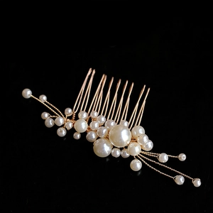 Elegant handmade gold wire hair comb set with white pearls for bridal wedding styling