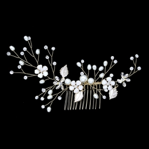 Handmade gold hair comb with white flowers, pearls, and crystals for bridal wedding hairstyles