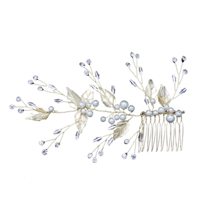 Gold leaf bridal hair comb with pearls and rhinestones for wedding hair accessories