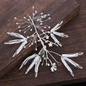 Handmade bridal hair vine with white tube beads and silver metal wire floral design