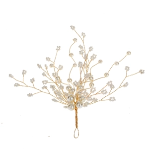 Elegant gold wire bridal hair clip with white pearls and beads for wedding hair accessories