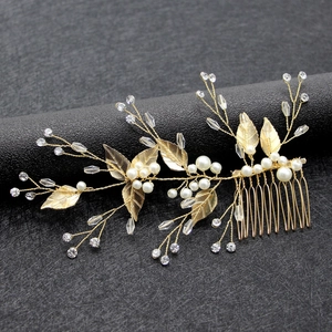 Elegant gold leaf hair comb with handmade pearls and crystals for wedding bridal accessory