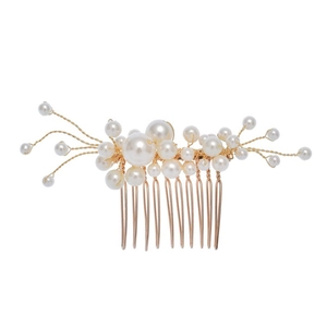 Handmade bridal hair comb set featuring elegant white pearls and gold metal wiring