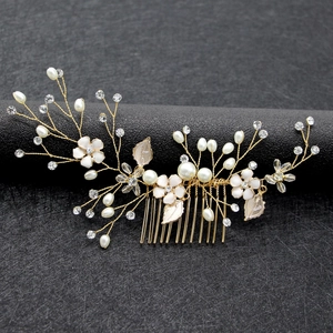 Handmade Gold Leaf Flower Bridal Hair Comb With Faux Artificial Pearl Rhinestone Elegant Wedding Hair Piece For Women Bridesmaid