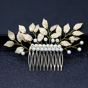 Elegant gold baroque leaf hair comb with white pearls for bridal and wedding styling