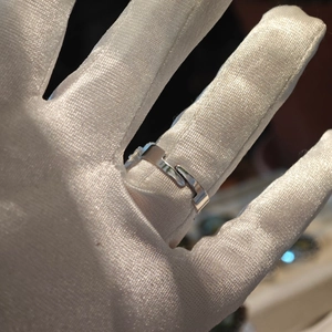 Close-up of interlocking H-shaped silver ring on a white glove with a cut-out design