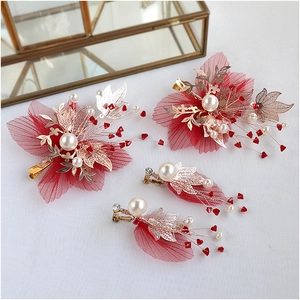 Red Pleated Mesh Gold Leaf Bridal Hair Accessory Set Artificial Pearl Ear Clips Hair Clips For Wedding Party Bridesmaid Hair Jewelry