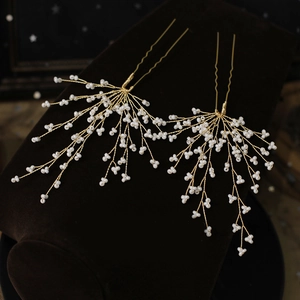Épingles à cheveux de mariée faites main avec perles blanches et fil doré style blé
