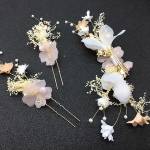 Pink and white silk flower bridal hair set with faux pearls and gold metal U-shaped pins