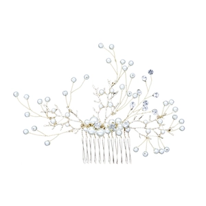 Elegant bridal hair comb with white pearls, crystals and silver floral branch design