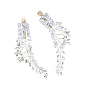 Paire de barrettes de mariée faites main en or avec cristaux bleus et motif de feuilles