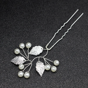 Épingle à cheveux élégante en alliage argenté avec perles blanches et feuilles de mariée