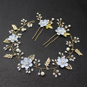 Bridal floral hair accessories set with blue fabric flowers and pearls on gold wire