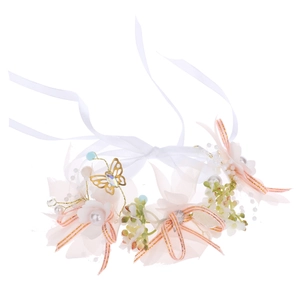 Eleganter Blumen-Handgelenkschmuck mit Organza-Blüten, Perlen und goldenem Schmetterling
