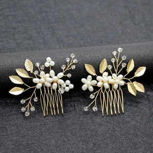 Handmade bridal hair comb set with gold leaves, white pearls and crystal branch beads