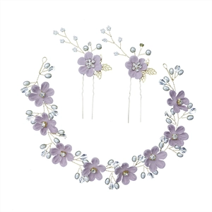 Exquisite handmade flower headpiece set with purple petals and crystal beads for girls