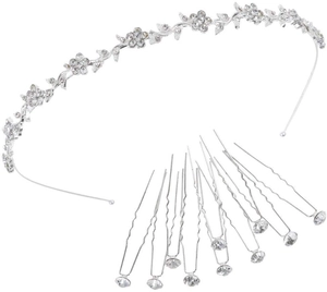 Cerchietto a Fiori con Strass da Sposa E Forcine a U per Matrimonio Festa Gioielli Copricapo Argento Donna