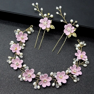 Pink floral hair accessories set with pearls and crystals for bridesmaids and weddings