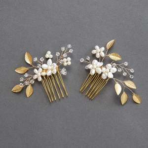 Set of two gold leaf bridal hair combs with white pearls and clear crystal beads
