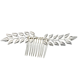Silver leaf willow branch hair comb accessory for bridal hairstyles in retro design