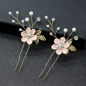 Handmade flower hair pins for girl bridesmaids with pink petals, pearls and crystals