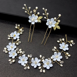 Handmade Flower Bridal Hair Vine Headband And Hair Pins Set With Artificial Pearl Crystal Rhinestone For Wedding Party Women