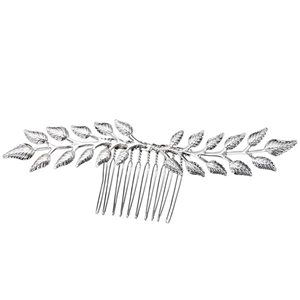 Detail of silver willow leaf hair comb with ten teeth and clear metallic veins