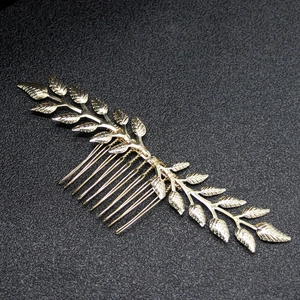 Retro golden willow leaf hair comb for brides with polished metallic branch design