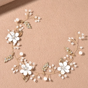 Bandeau de Mariée à Fleurs Fait à la Main Vigne de Cheveux Souple en Fil d'Or Avec Künstliche Perles Strass Accessoires Cheveux