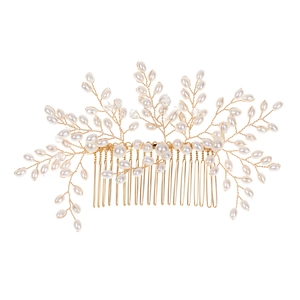 Pettine per capelli da sposa con filo dorato, perle bianche e rami di cristallo
