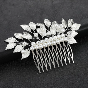 Silver bridal hair comb with frosted metal leaves and handmade pearls on black leather