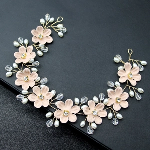 Rosa Blumen-Brautstirnband mit Perlen und Kristallen auf flexiblem goldenem Draht