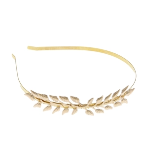 Elegant gold leaf laurel crown headband with textured metallic foliage on a white background