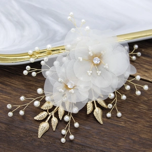 Accessoire Cheveux Mariage Mariée Avec Fleur en Résille Strass Fausse Künstliche Perle Feuille Alliage Doré Coiffe Élégante Femme