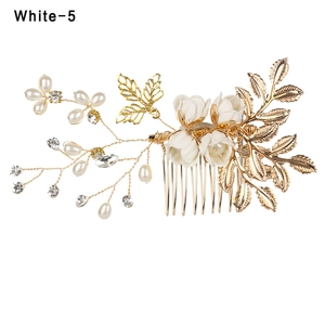 Handmade bridal hair comb with white fabric flowers, pearls and crystals on gold wire