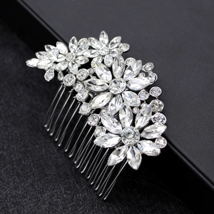 Exquisite silver bridal hair comb with floral rhinestones and crystals on black leather