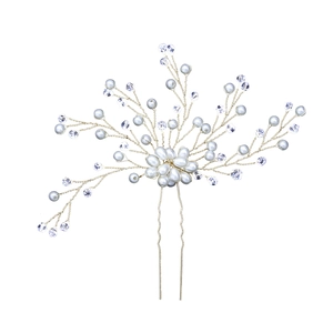 Forcina per capelli da sposa con perle, cristalli, filo dorato e design metallico a forma di U