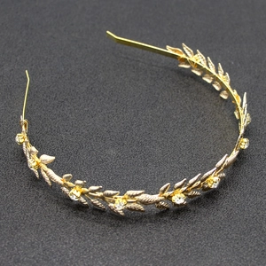 Griechischer Blatthaarreifen für Bräute in Gold mit funkelnden Strasssteinen und Blumen