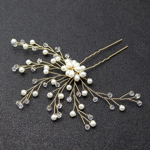 Elegante forcina sposa con perle fatte a mano e cristalli dorati per acconciature nuziali