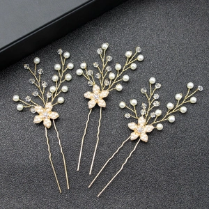 Lot de 3 épingles à cheveux de mariage dorées avec perles et cristaux, style floral