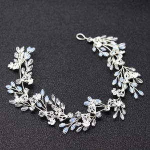 Handmade Alloy Rhinestone Faux Opal Bridal Hair Vine Elegant Silver Wire Flower Leaf Headband For Wedding Party Women Jewelry