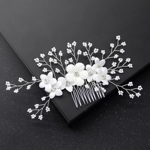 Elegant bridal hair comb with handmade white fabric flowers and pearl bead vines