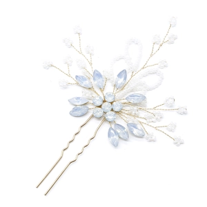 Spilla per capelli da sposa con cristalli azzurri e perle su filo dorato