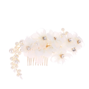 Handmade bridal hair comb with white silk flowers, rhinestones and pearl tassels