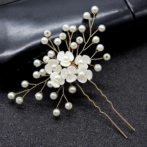 Handmade Artificial Pearl Flower Bridal Hair Fork U Shaped Gold Silver Wire Hair Pin Wedding Banquet Women Hair Accessories