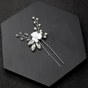 Handmade bridal U-shaped hair pin with white flowers, pearls and marquise glass crystals