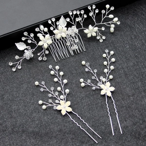 Braut-Haarschmuck-Set 3-teilig mit Perlen, Kristallen und silbernen Blumen-Haarkämmen