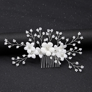 Bridal Wedding Hair Comb White Cloth Flower Rhinestone Artificial Pearl Handmade Alloy Silver Wire Headpiece For Women
